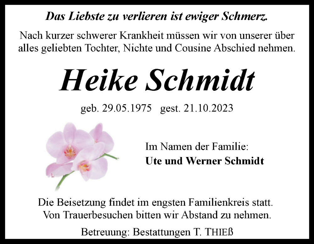  Traueranzeige für Heike Schmidt vom 28.10.2023 aus Volksstimme Wernigerode