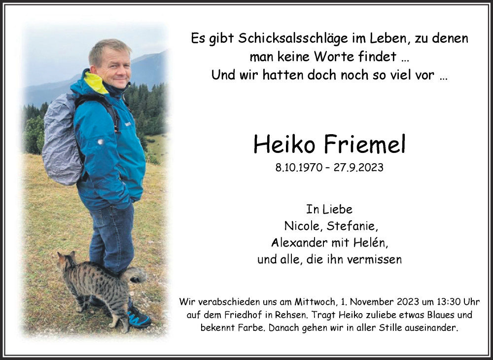  Traueranzeige für Heiko Friemel vom 14.10.2023 aus Trauerkombi Wittenberg