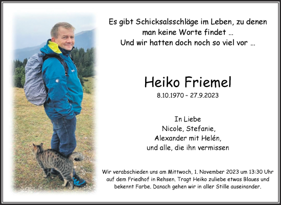Traueranzeige von Heiko Friemel von Trauerkombi Wittenberg