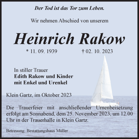 Traueranzeige von Heinrich Rakow von Volksstimme Altmark West