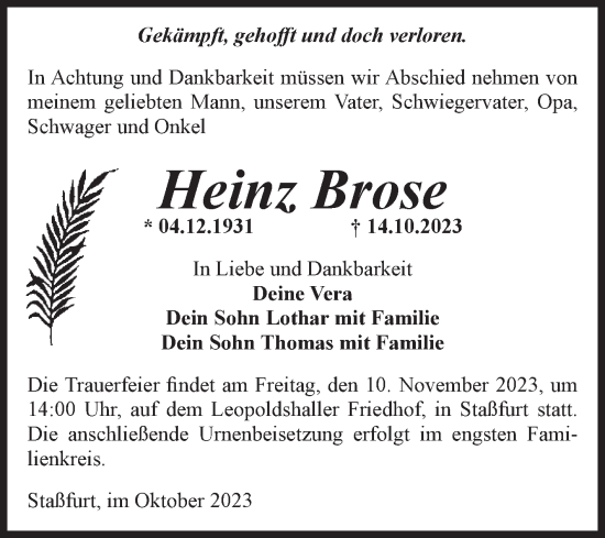 Traueranzeige von Heinz Brose von Volksstimme Staßfurt