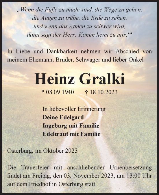 Traueranzeige von Heinz Gralki von Volksstimme Altmark Ost