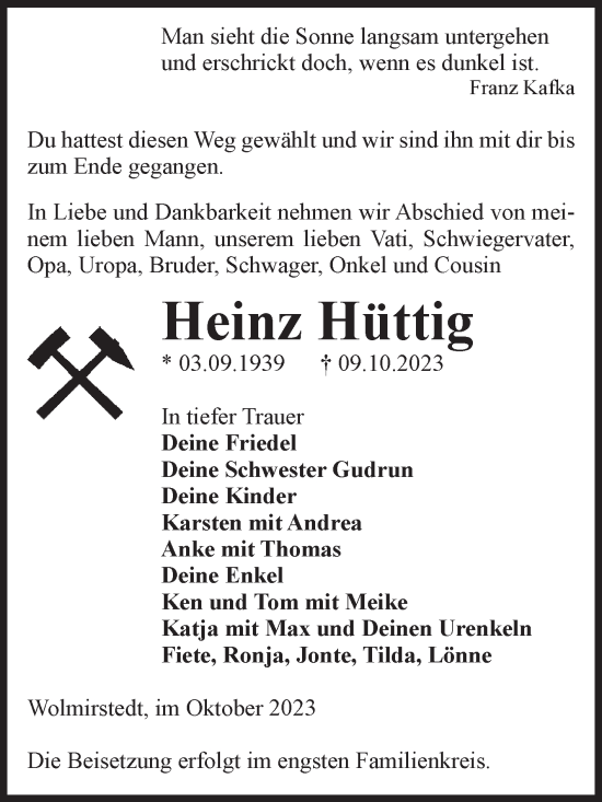 Traueranzeige von Heinz Hüttig von Volksstimme Haldensleben/Wolmirstedt
