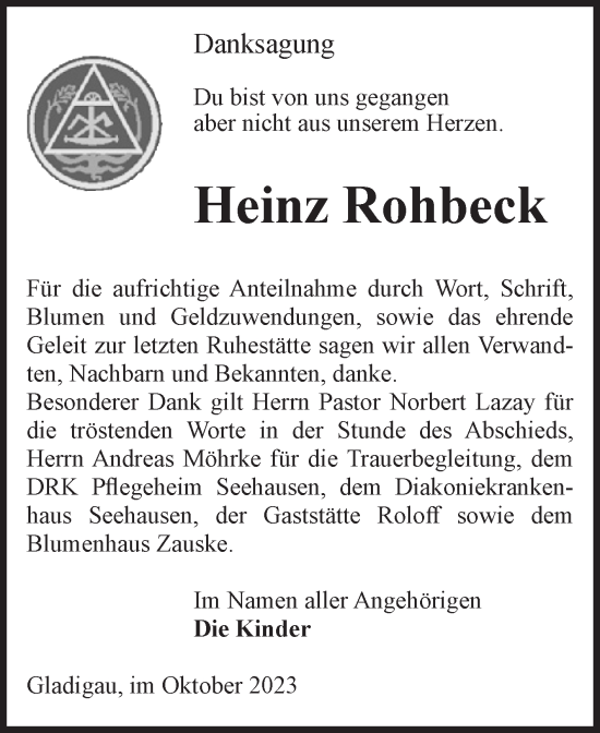 Traueranzeige von Heinz Rohbeck von Volksstimme Altmark Ost