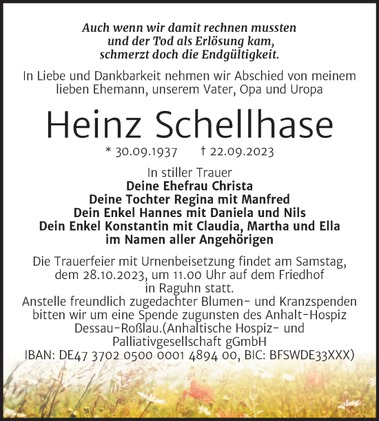 Traueranzeige von Heinz Schellhase von Trauerkombi Bitterfeld