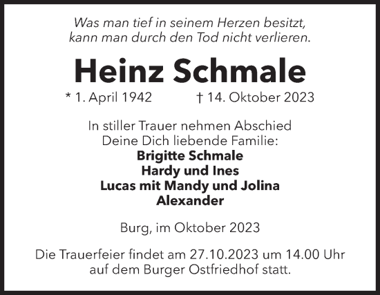 Traueranzeige von Heinz Schmale von Volksstimme Burg/Genthin