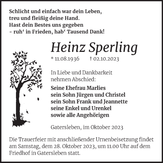 Traueranzeige von Heinz Sperling von Trauerkombi Aschersleben