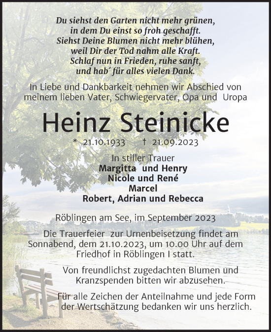Traueranzeige von Heinz Steinicke von Trauerkombi Mansfelder Land