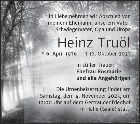 Traueranzeige von Heinz Truöl von Mitteldeutsche Zeitung Halle/Saalkreis
