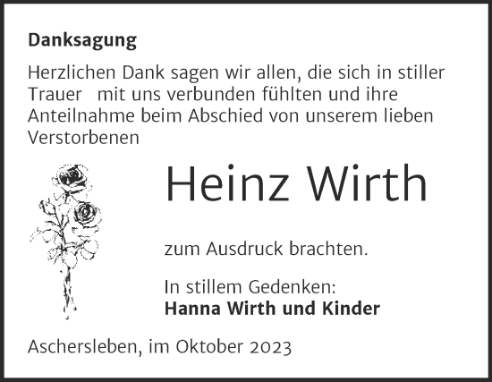 Traueranzeige von Heinz Wirth von Trauerkombi Aschersleben