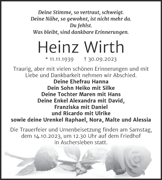 Traueranzeige von Heinz Wirth von Trauerkombi Aschersleben