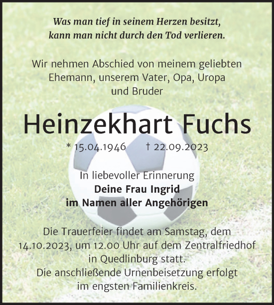 Traueranzeige von Heinzekhart Fuchs von Trauerkombi Quedlinburg