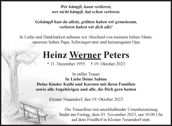 Traueranzeige von Heinz Werner Peters von Volksstimme Altmark West