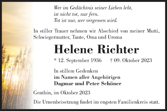 Traueranzeige von Helene Richter von Volksstimme Burg/Genthin