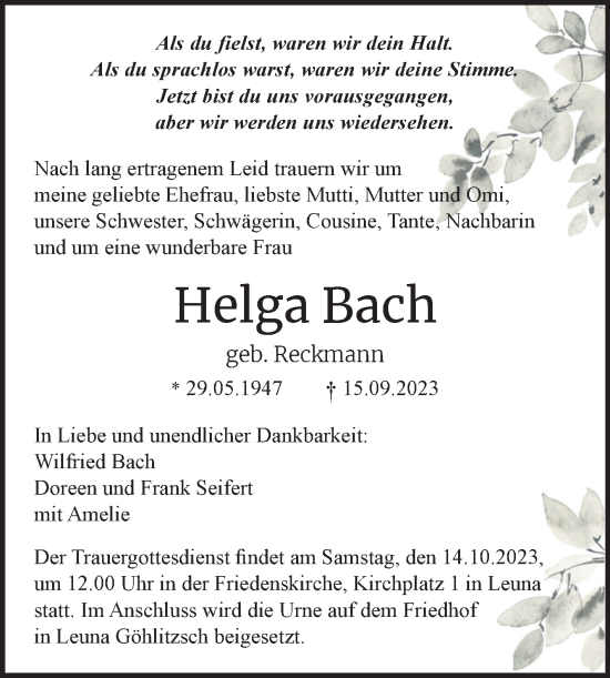 Traueranzeige von Helga Bach von Trauerkombi Merseburg