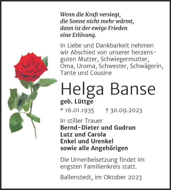 Traueranzeige von Helga Banse von Trauerkombi Quedlinburg