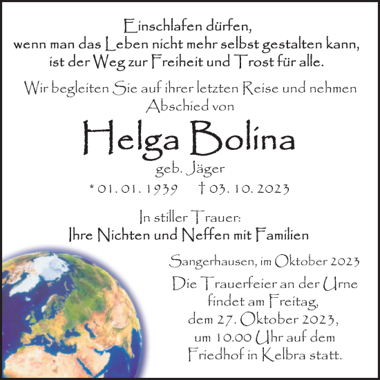 Traueranzeige von Helga Bolina von Trauerkombi Sangerhausen