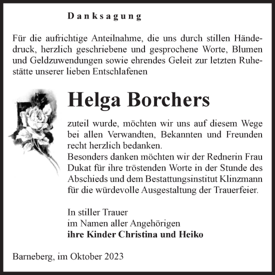 Traueranzeige von Helga Borchers von Volksstimme Oschersleben/Wanzleben