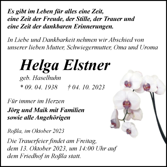 Traueranzeige von Helga Elstner von Trauerkombi Sangerhausen