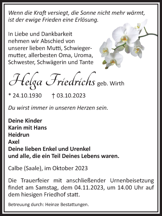 Traueranzeige von Helga Friedrichs von Volksstimme Schönebeck
