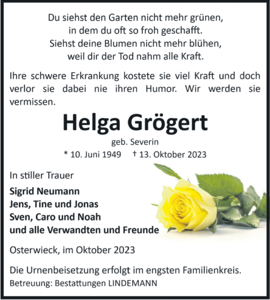 Traueranzeige von Helga Grögert von Volksstimme Halberstadt