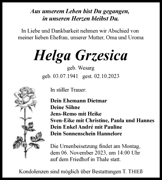 Traueranzeige von Helga Grzesica von Trauerkombi Quedlinburg