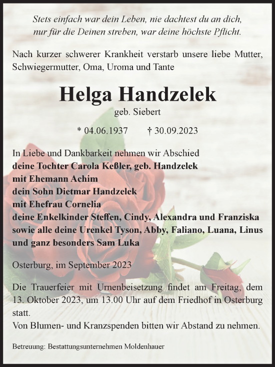 Traueranzeige von Helga Handzelek von Volksstimme Altmark Ost
