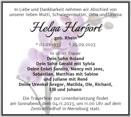 Traueranzeige von Helga Harport von Trauerkombi Merseburg