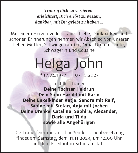 Traueranzeige von Helga John von Trauerkombi Bitterfeld