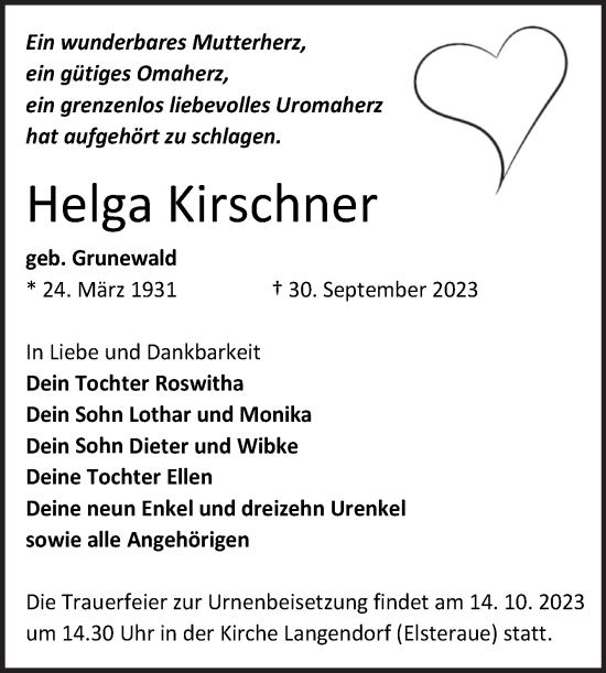 Traueranzeige von Helga Kirschner von Trauerkombi Zeitz