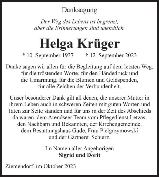 Traueranzeige von Helga Krüger von Volksstimme Altmark Ost