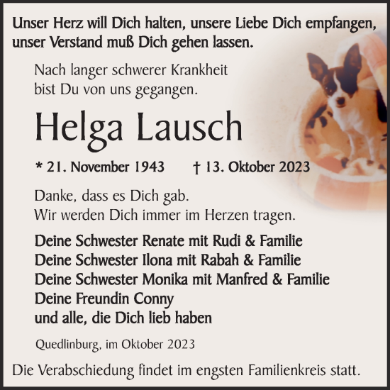 Traueranzeige von Helga Lausch von Trauerkombi Quedlinburg