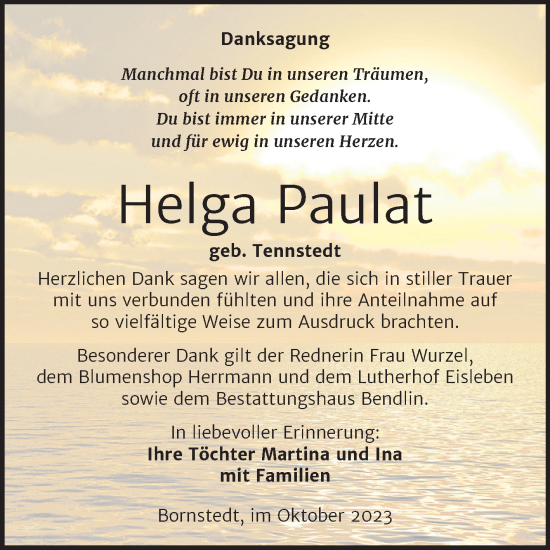Traueranzeige von Helga Paulat von Trauerkombi Mansfelder Land