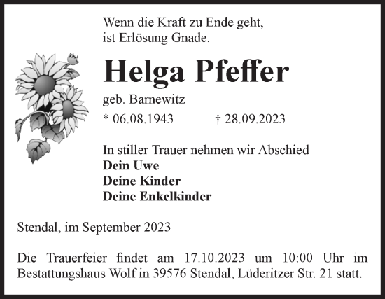Traueranzeige von Helga Pfeffer von Volksstimme Altmark Ost