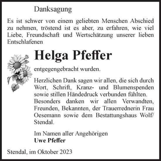 Traueranzeige von Helga Pfeffer von Volksstimme Altmark Ost