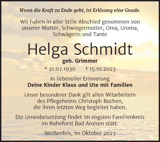 Traueranzeige von Helga Schmidt von Trauerkombi Weißenfels