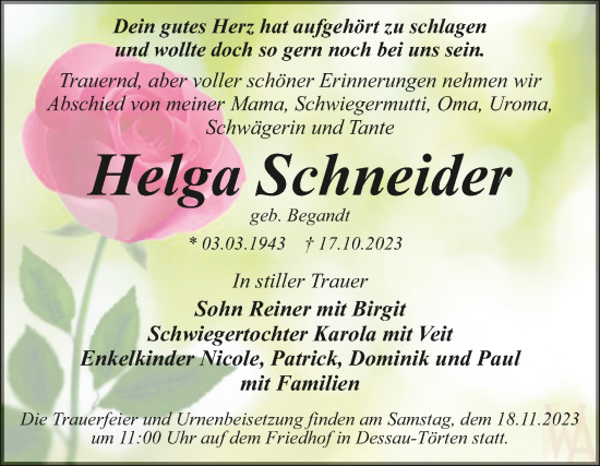 Traueranzeige von Helga Schneider von Trauerkombi Dessau