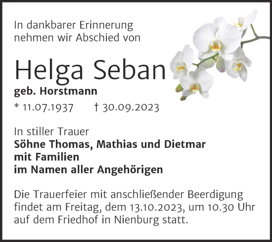Traueranzeige von Helga Seban von Trauerkombi Bernburg