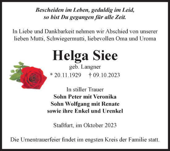 Traueranzeige von Helga Siee von Volksstimme Staßfurt