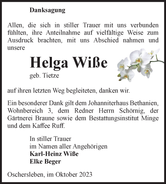 Traueranzeige von Helga Wiße von Volksstimme Oschersleben/Wanzleben
