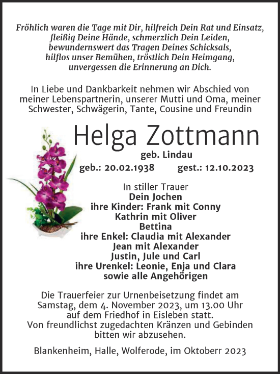 Traueranzeige von Helga Zottmann von Trauerkombi Mansfelder Land