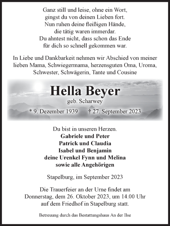 Traueranzeige von Hella Beyer von Volksstimme Wernigerode