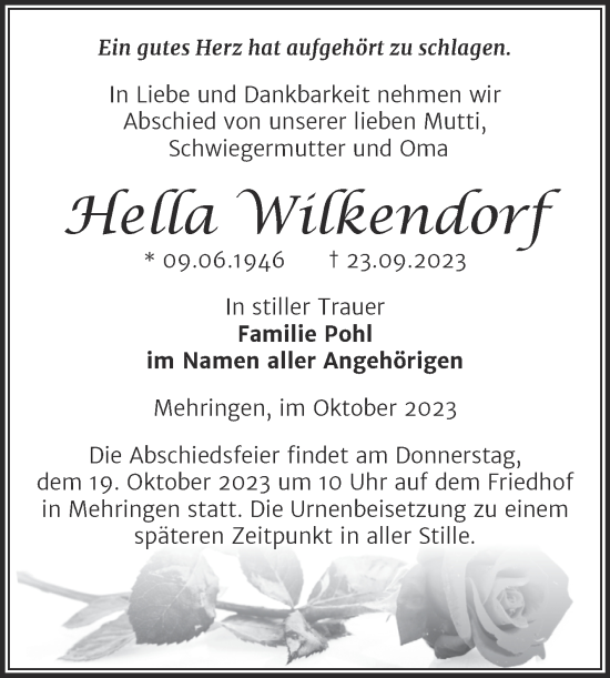 Traueranzeige von Hella Wilkendorf von Mitteldeutsche Zeitung Aschersleben