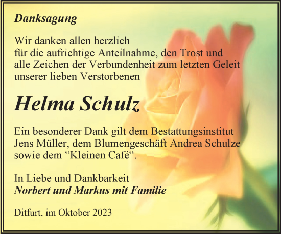 Traueranzeige von Helma Schulz von Trauerkombi Quedlinburg
