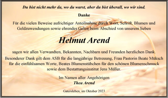 Traueranzeige von Helmut Arend von Trauerkombi Aschersleben