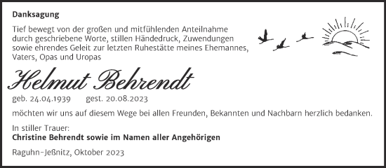 Traueranzeige von Helmut Behrendt von Trauerkombi Bitterfeld