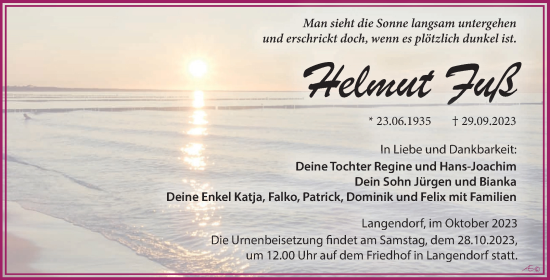 Traueranzeige von Helmut Fuß von Trauerkombi Weißenfels