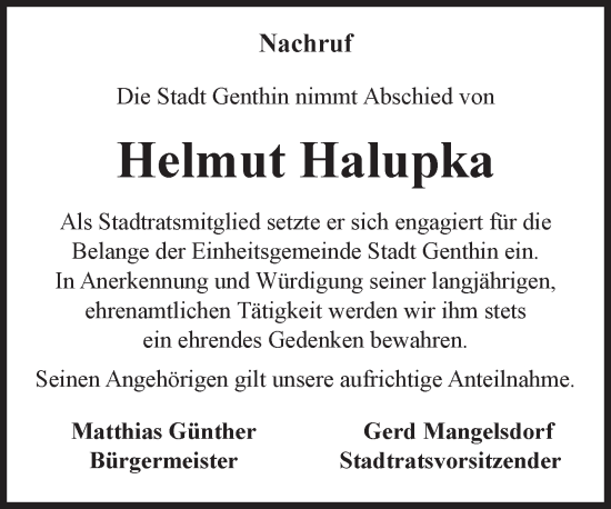 Traueranzeige von Helmut Halupka von Volksstimme Burg/Genthin