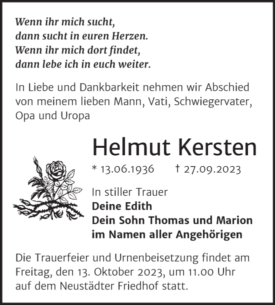 Traueranzeige von Helmut Kersten von Mitteldeutsche Zeitung Halle/Saalkreis