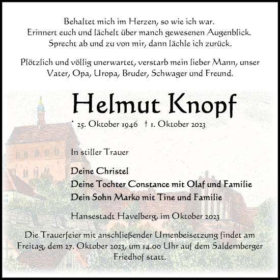 Traueranzeige von Helmut Knopf von Volksstimme Altmark Ost